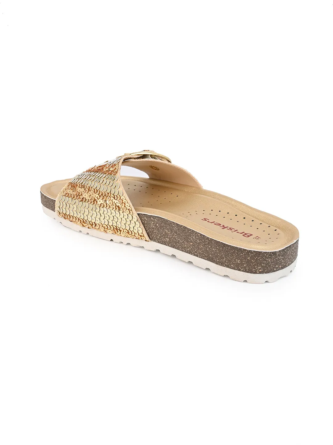 A pair of Gold Hand Embroided Open Toe Flats