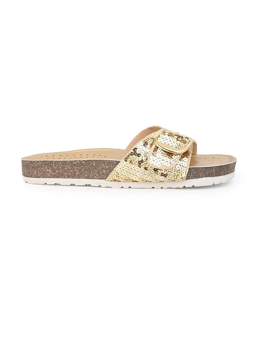 A pair of Gold Hand Embroided Open Toe Flats