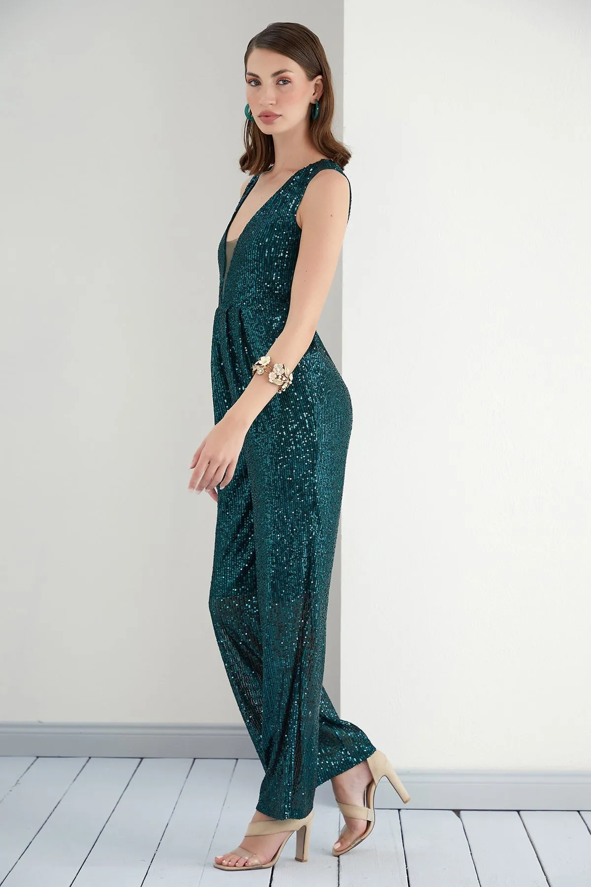 Allure Emerald Green Sparkle Wide Leg Jumpsuit