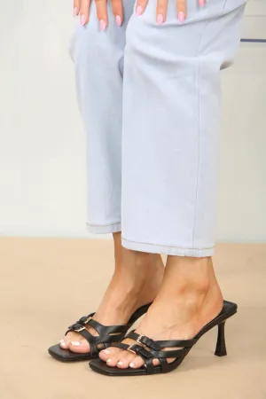 BLACK CROSS OVER BUCKLE DETAIL LOW STRAP HEEL