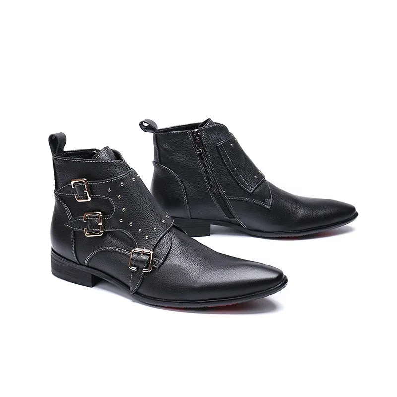 Black Strap Cowboy Flat Style Men Leather Boots