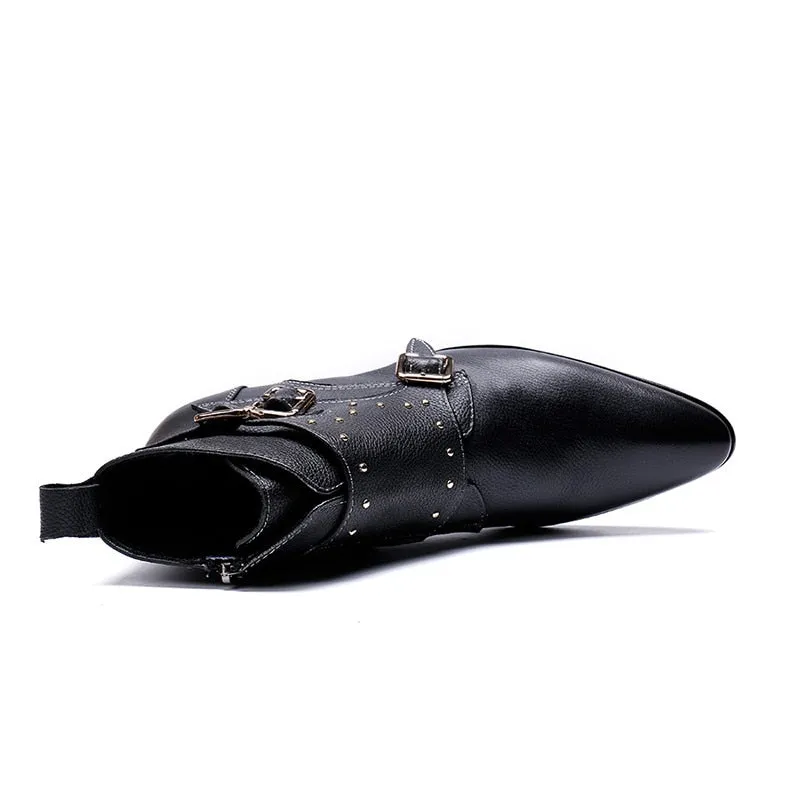 Black Strap Cowboy Flat Style Men Leather Boots