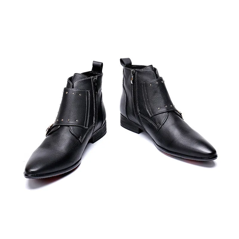 Black Strap Cowboy Flat Style Men Leather Boots