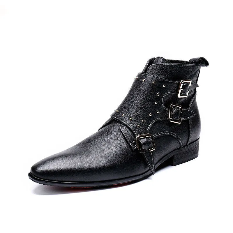 Black Strap Cowboy Flat Style Men Leather Boots