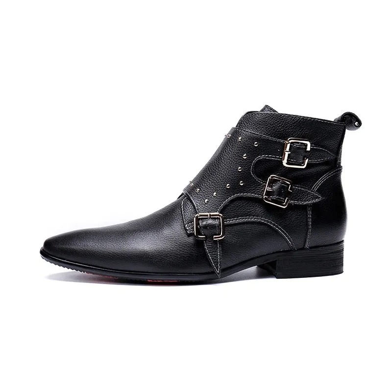 Black Strap Cowboy Flat Style Men Leather Boots