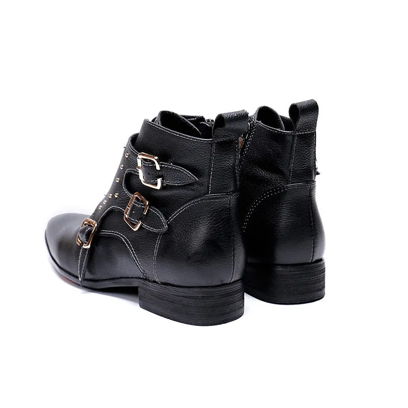 Black Strap Cowboy Flat Style Men Leather Boots