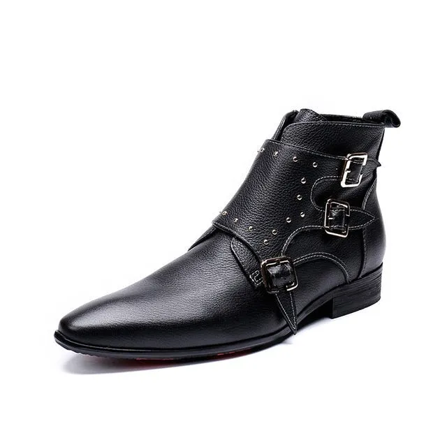 Black Strap Cowboy Flat Style Men Leather Boots