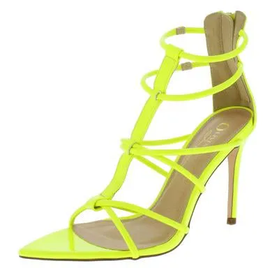 Bright Life Neon Yellow Patent Strappy Pointed Open Toe Heels
