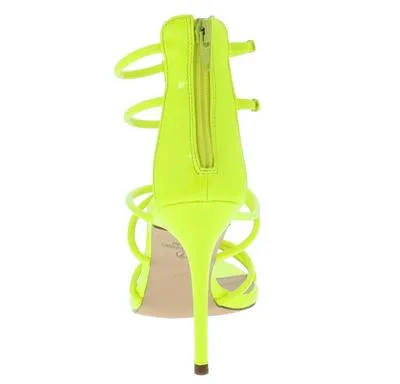 Bright Life Neon Yellow Patent Strappy Pointed Open Toe Heels