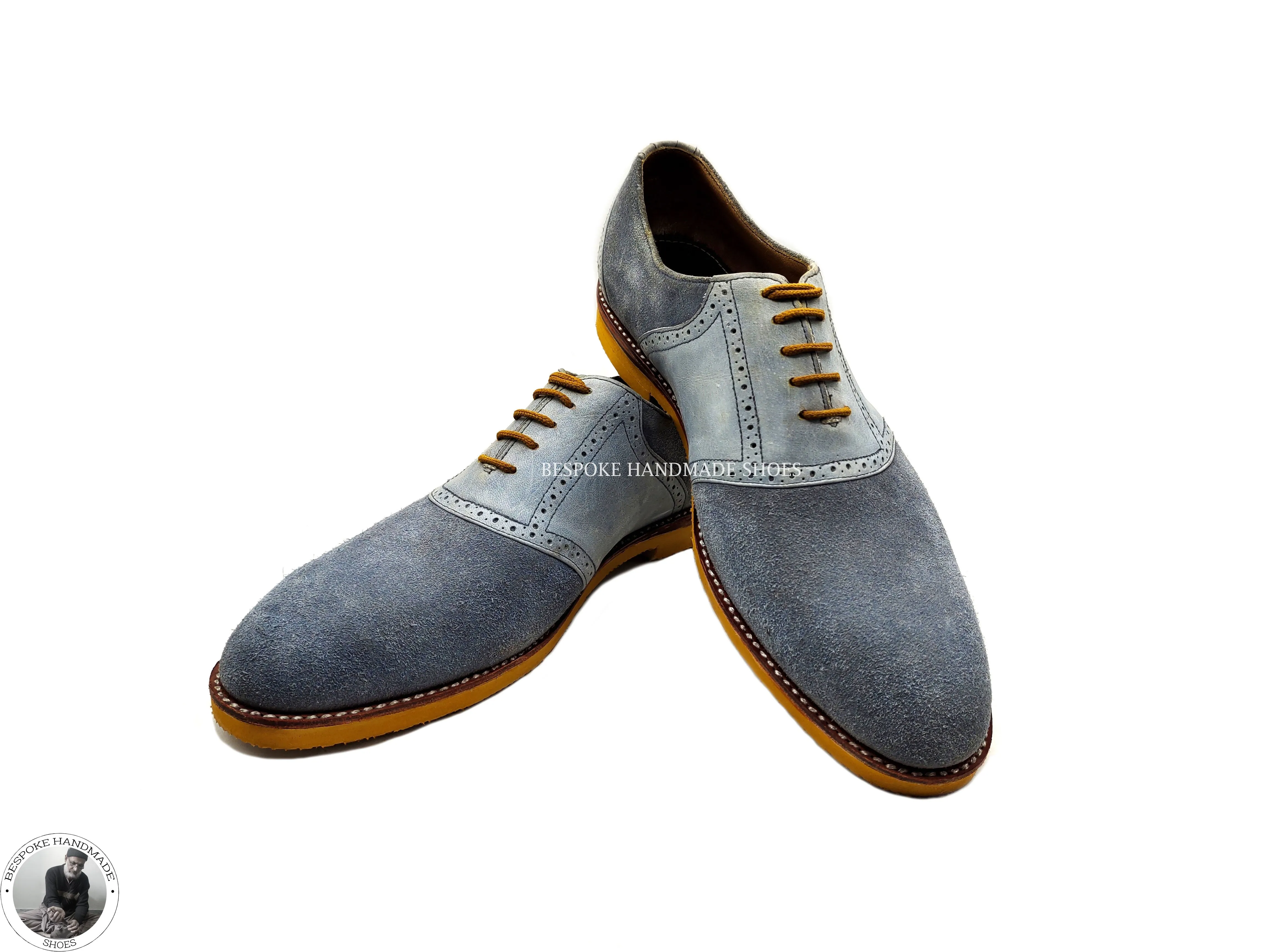 Custom Made Bespoke Men's Blue Leather and Suede Oxford Lace Up Vibram Sole Dress Shoes