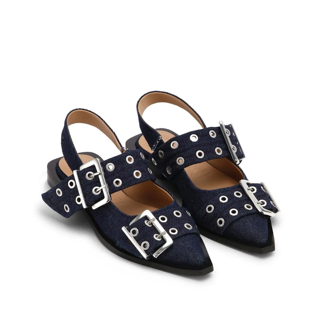 Denim Feminine Buckle Ballerinas (Dark Navy)