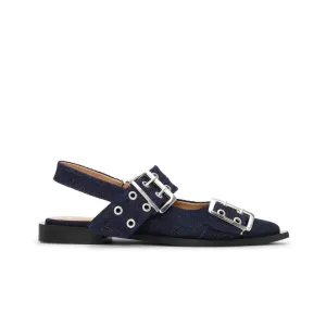 Denim Feminine Buckle Ballerinas (Dark Navy)