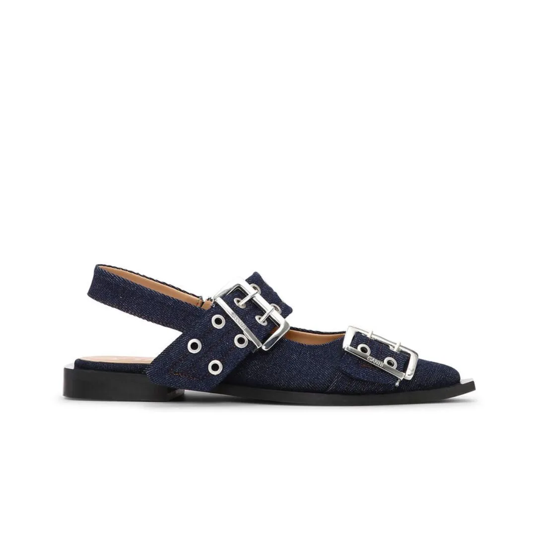 Denim Feminine Buckle Ballerinas (Dark Navy)