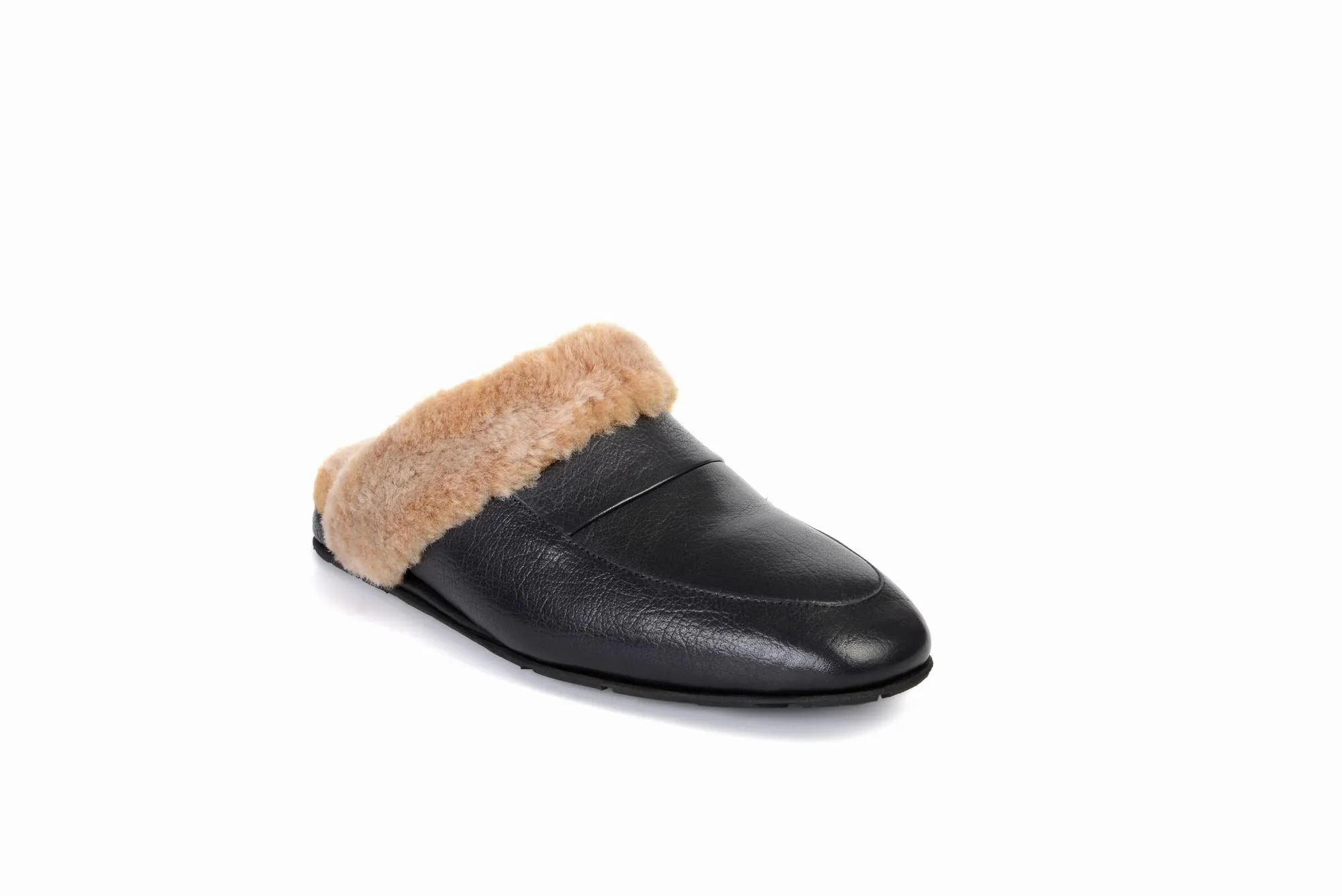 FOOT FEDERATION NATURAL FUR LINED MOC-TOE MEN'S LEATHER SLIPPER BROWN
