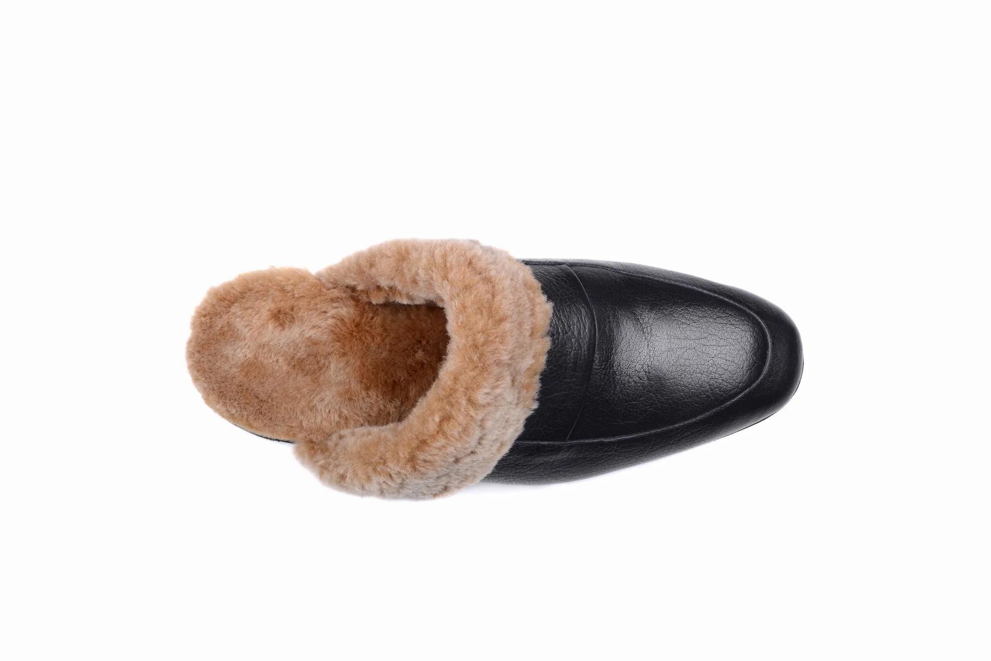 FOOT FEDERATION NATURAL FUR LINED MOC-TOE MEN'S LEATHER SLIPPER BROWN