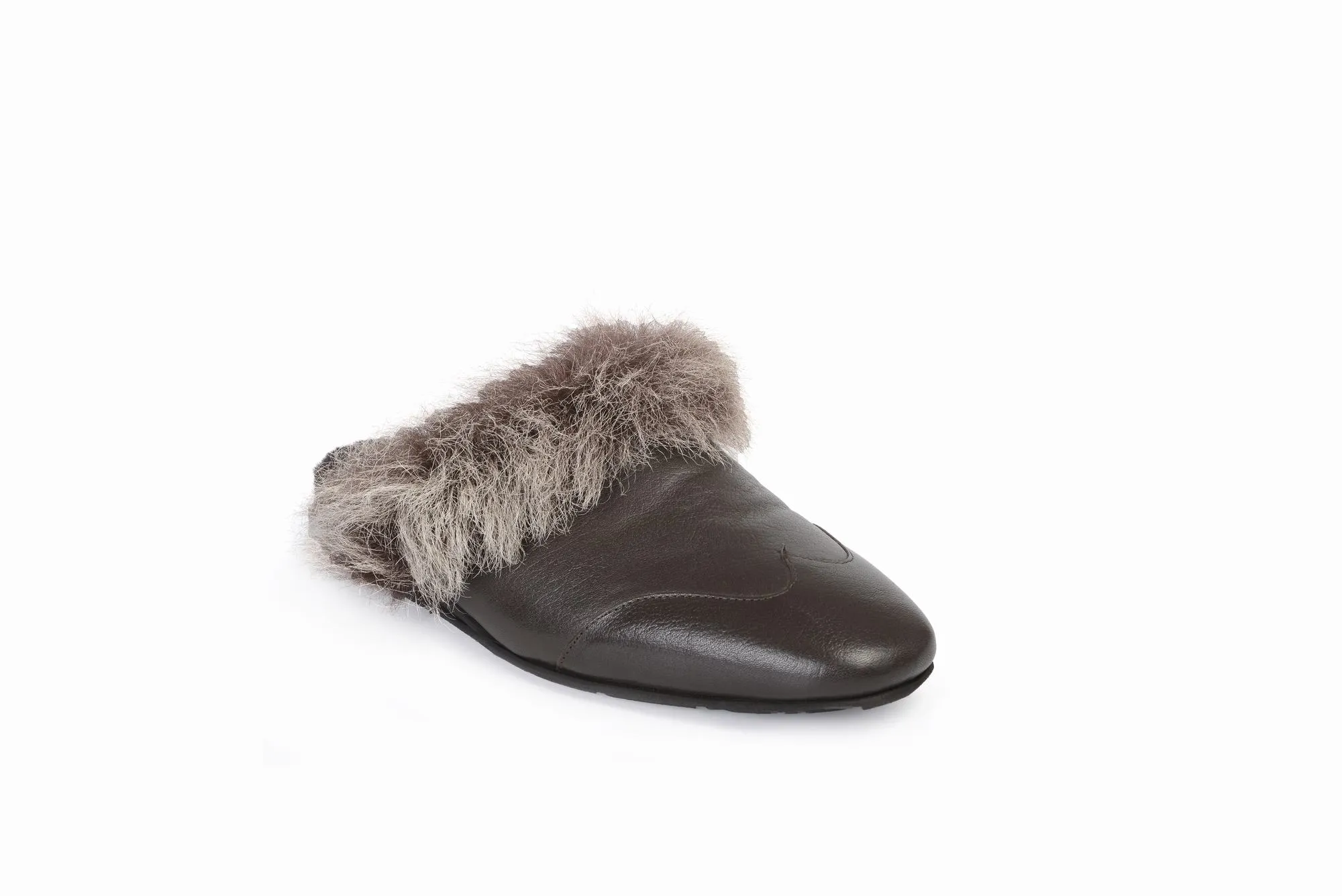 FOOT FEDERATION NATURAL FUR LINED WINGTIP MEN'S LEATHER SLIPPER BROWN