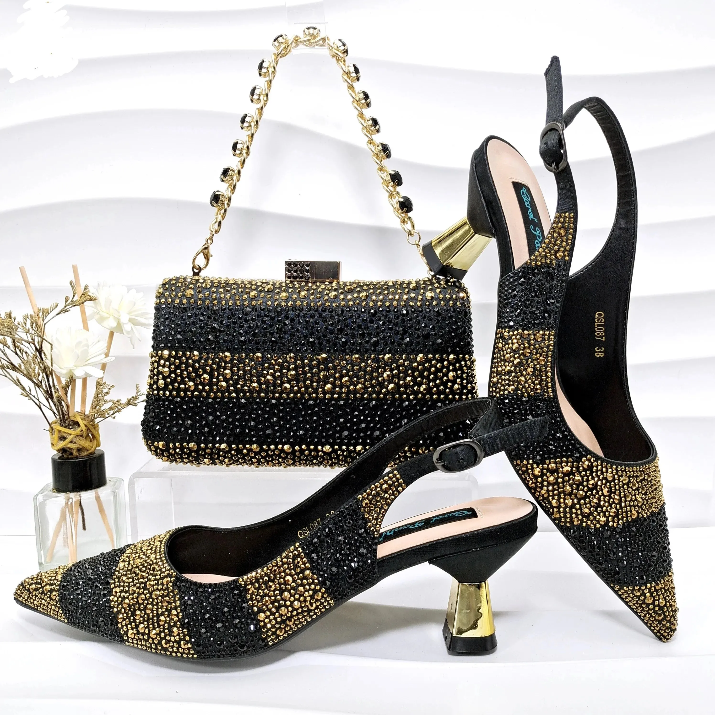 Glamorous Gold Rhinestone Heels & Bag Set