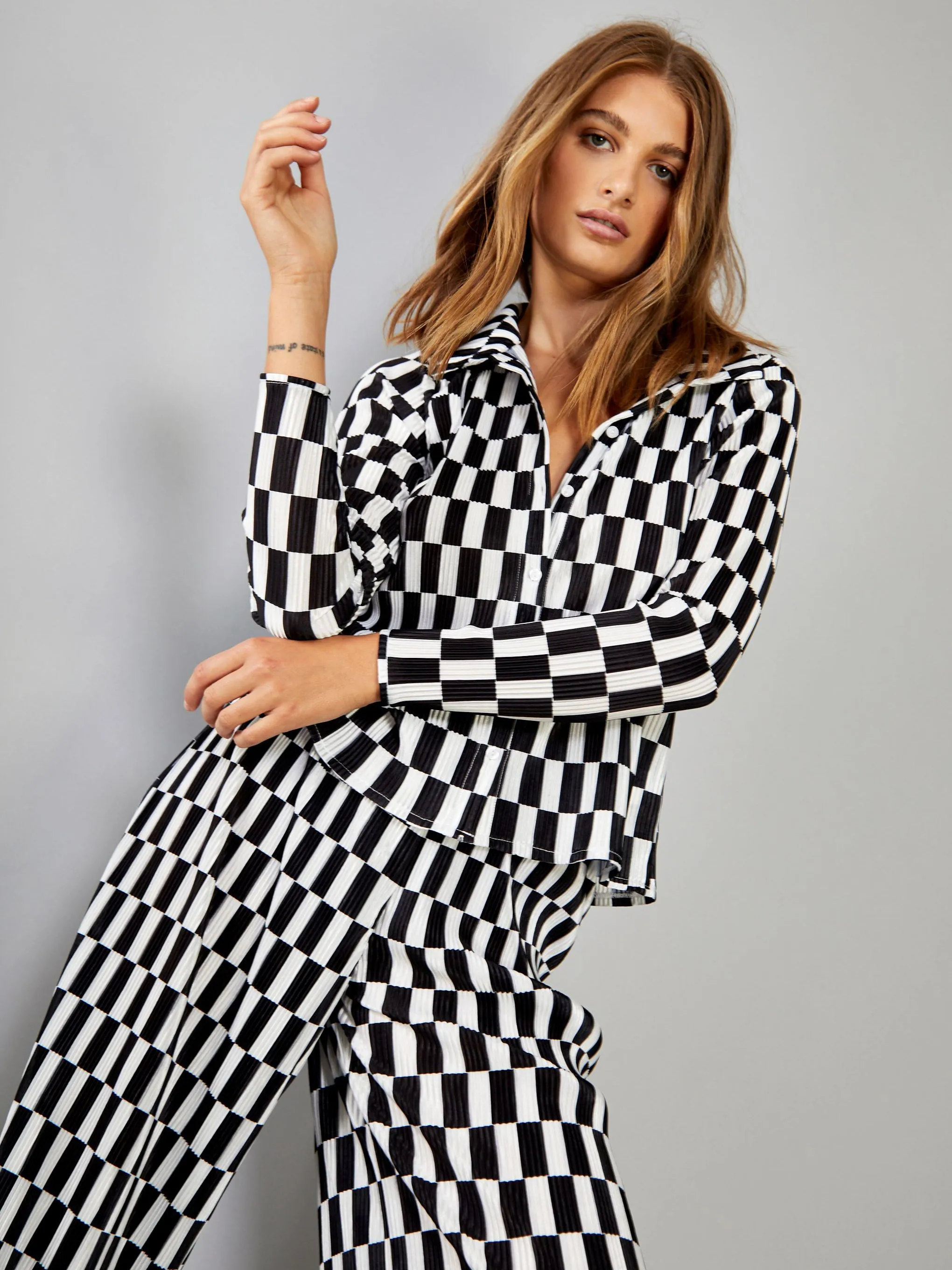 Glamorous Mono Check Plisse Button Front Shirt