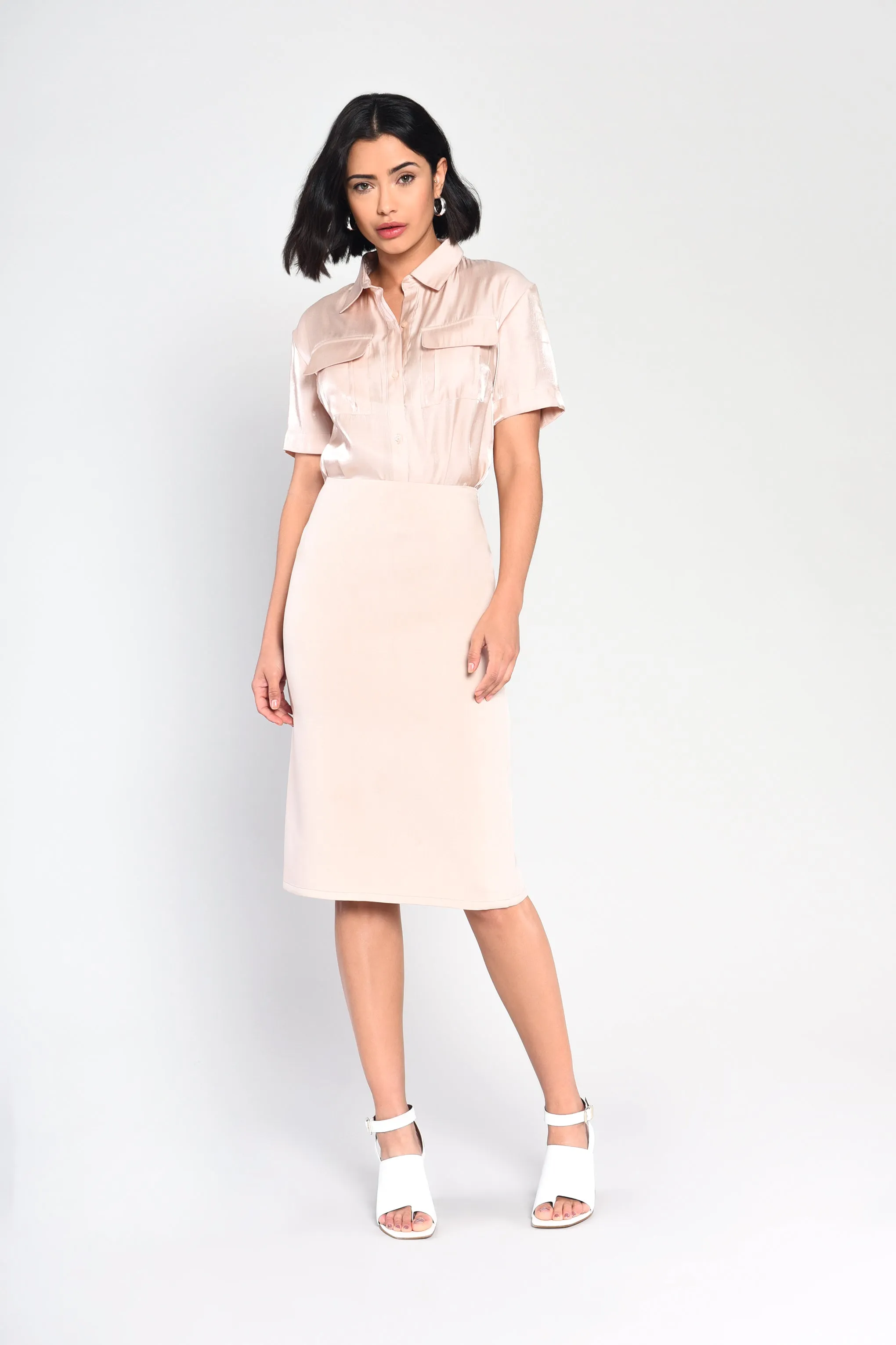 Glamorous Nude High Waisted Midi Skirt