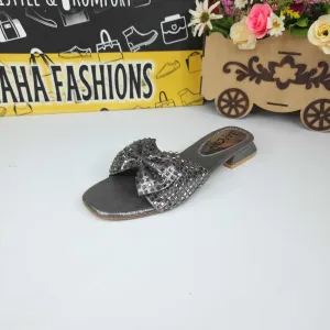 Grey Bow Slippers in Short Heel