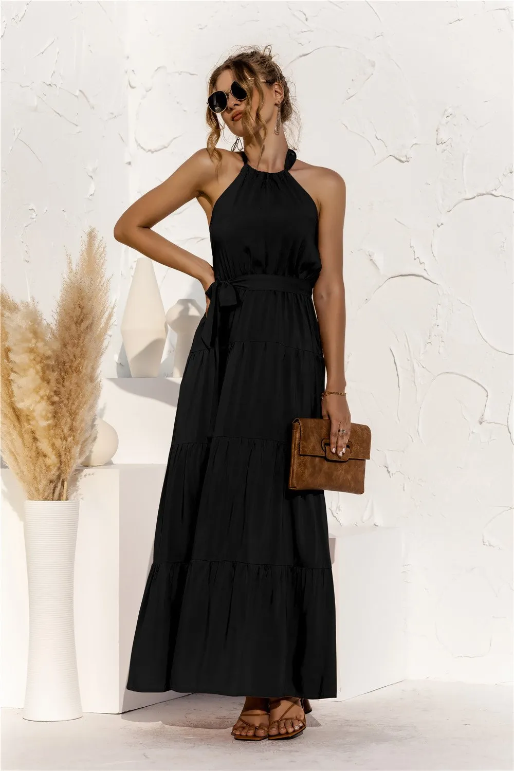 Halter neck lace halter stitching dress long skirt