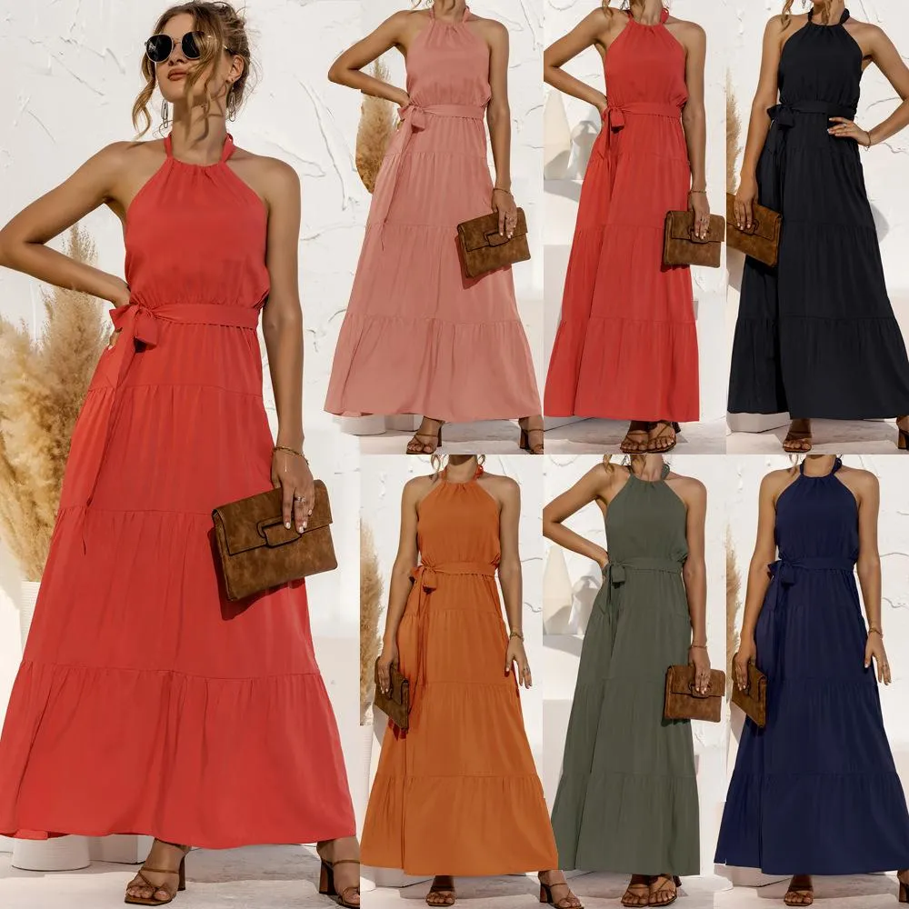 Halter neck lace halter stitching dress long skirt