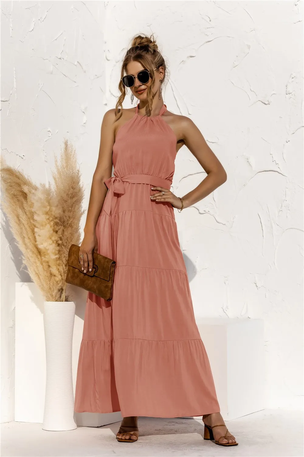 Halter neck lace halter stitching dress long skirt