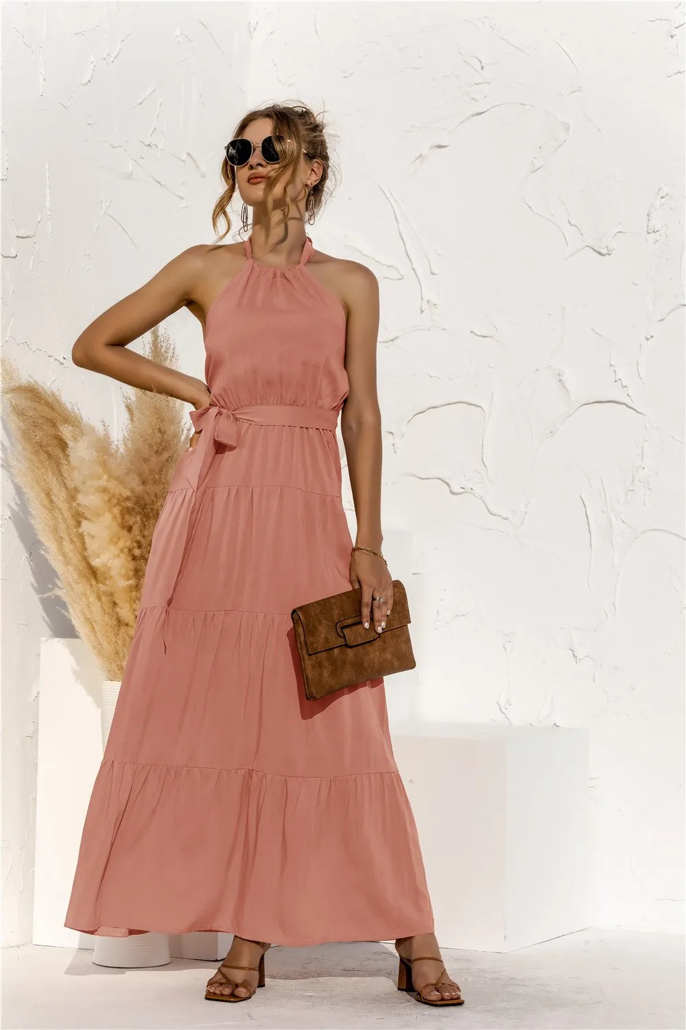 Halter neck lace halter stitching dress long skirt