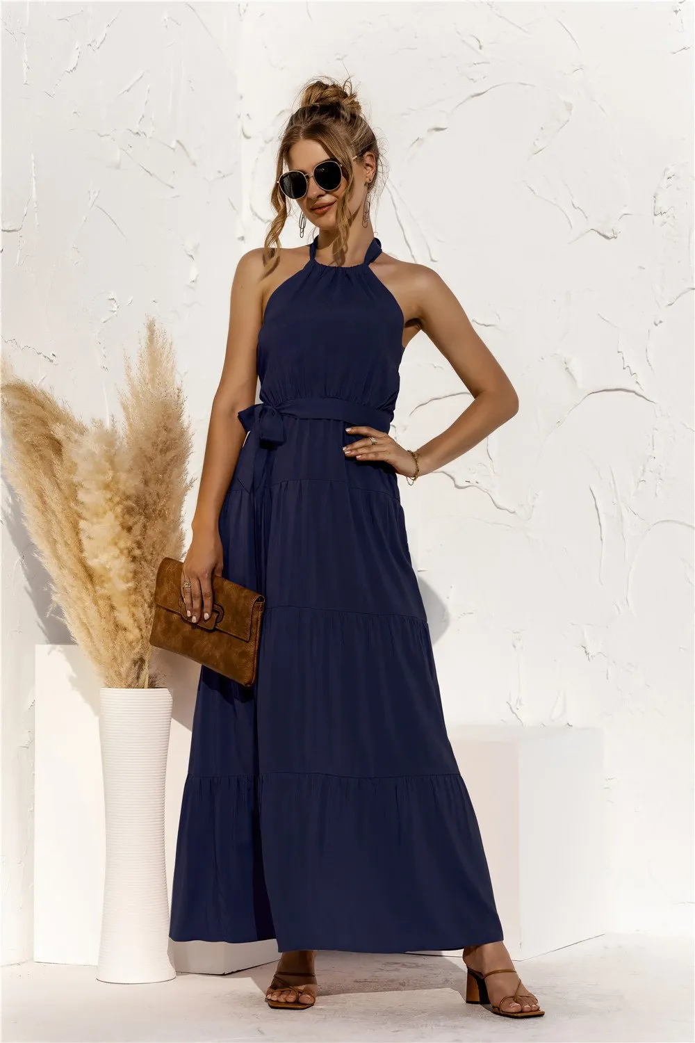 Halter neck lace halter stitching dress long skirt