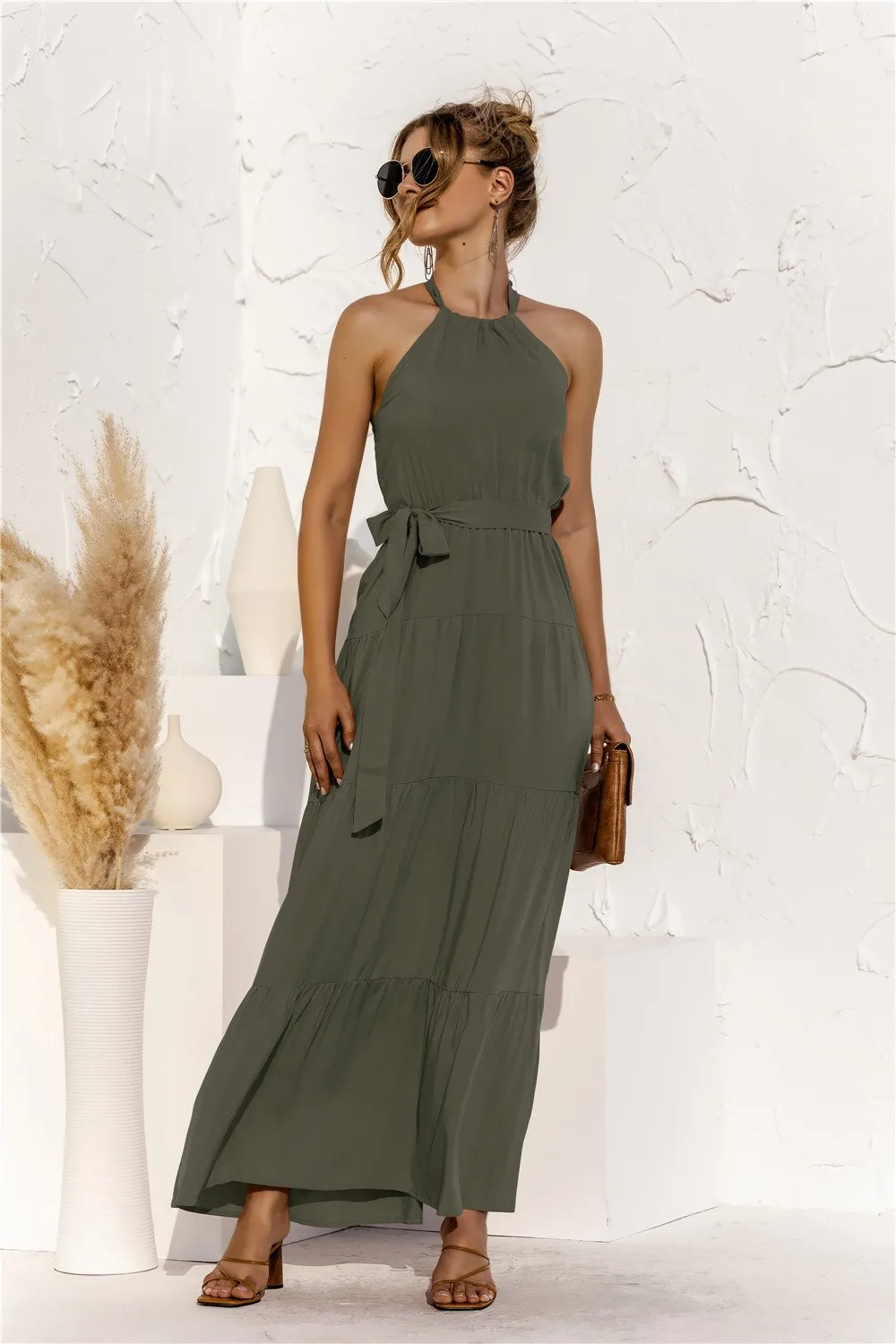 Halter neck lace halter stitching dress long skirt