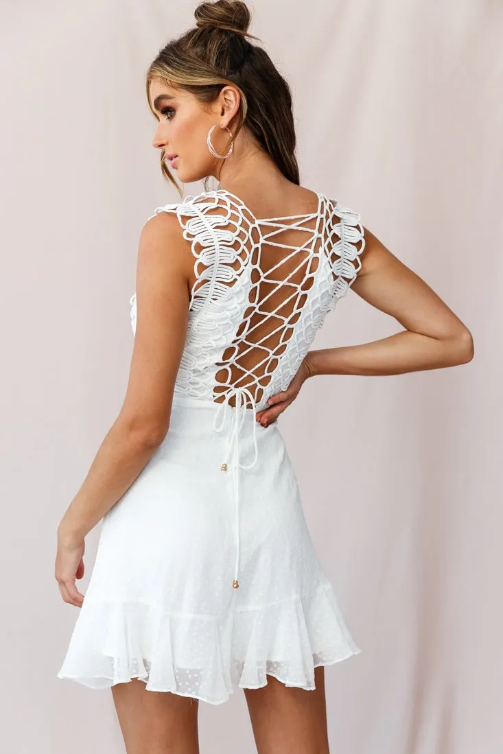 Leilani Macrame Applique Lace-Up Dress White