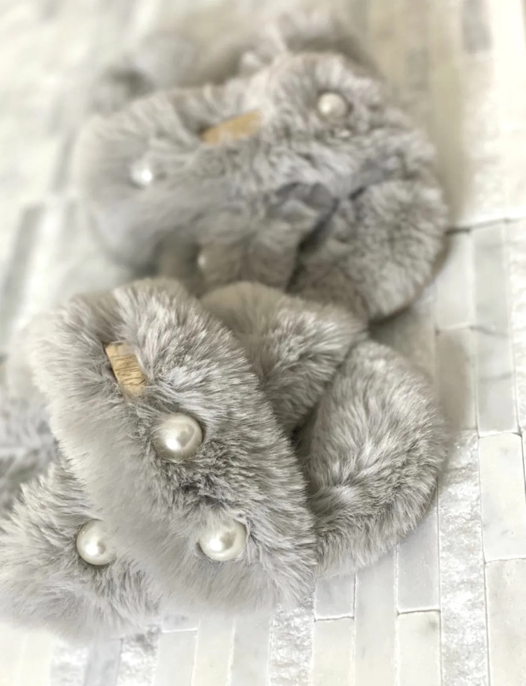 Pearl Cross Strap Faux- Fur Comfort Slippers