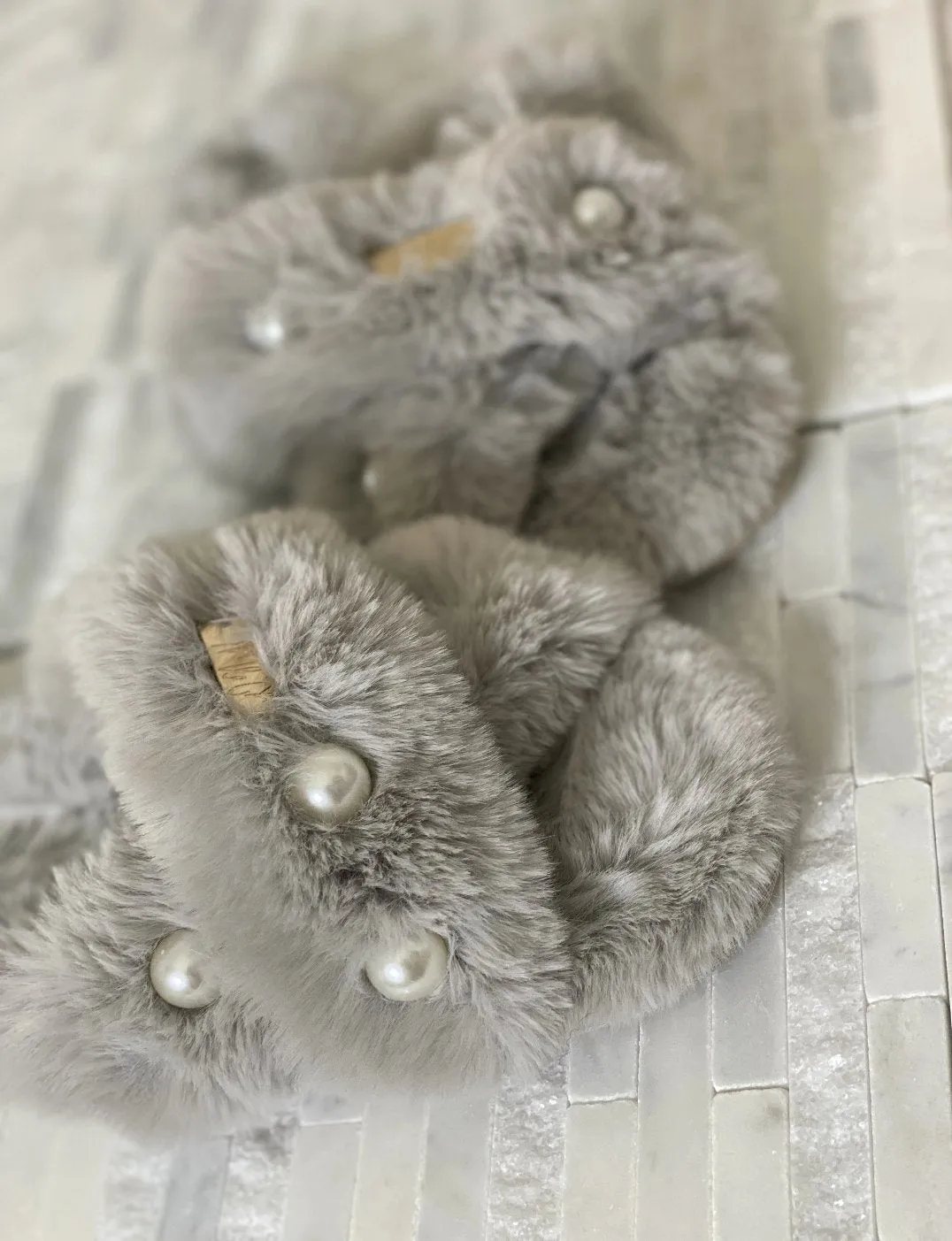 Pearl Cross Strap Faux- Fur Comfort Slippers