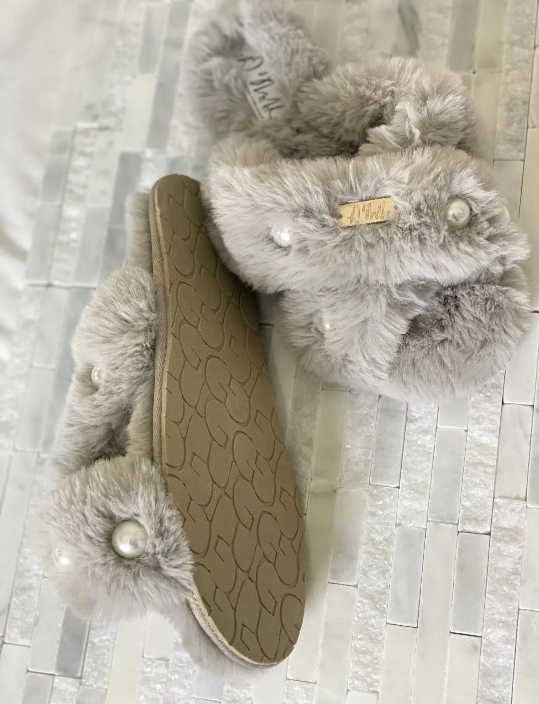 Pearl Cross Strap Faux- Fur Comfort Slippers