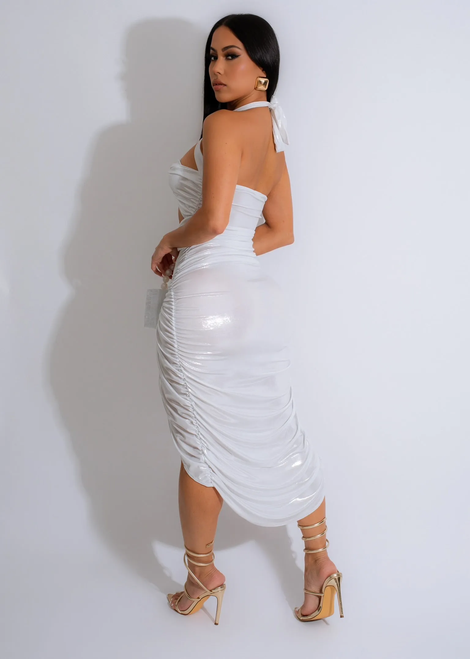 Real Life Ruched Metallic Midi Dress White